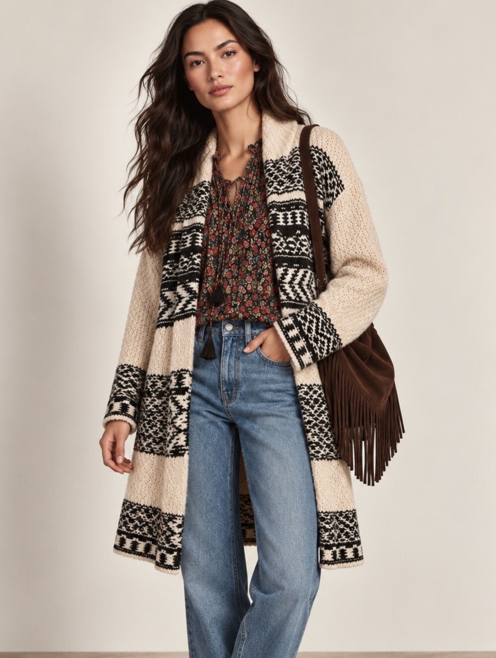 Lucky Brand Fairisle Sweater Coatigan Wool Blend Long Cardigan Medium
